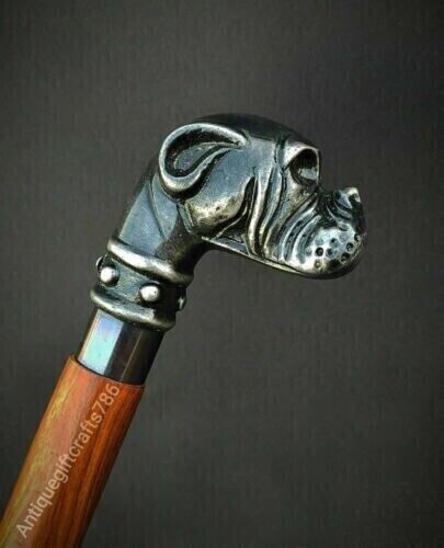 Vintage Bulldog Head Handle Victorian Wooden Walking Stick Cane with antique brass finish and rosewood material.