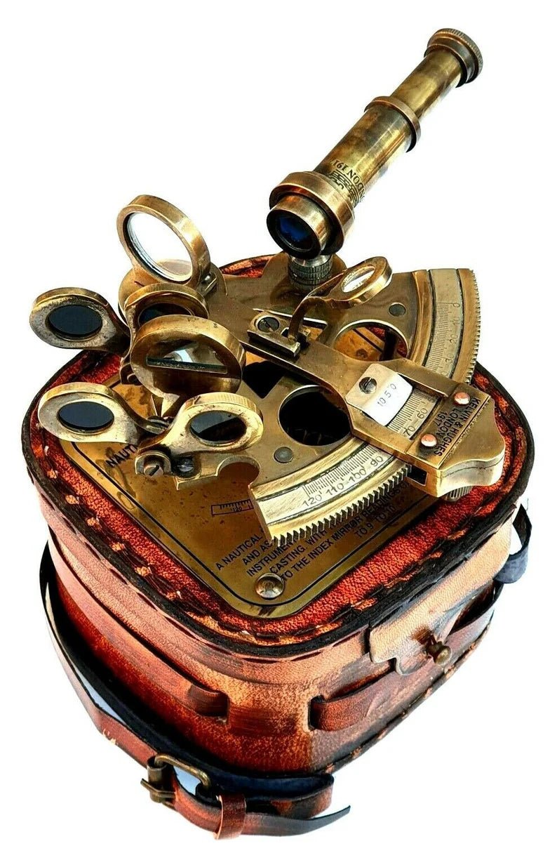 Vintage Maritime Brass Nautical Sextant Leather Case Kelvin Hughes London 1917 Genuine Leather Box With Solid Brass nautical Sextant - Retro Handicrafts