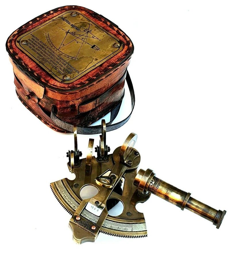 Vintage Maritime Brass Nautical Sextant Leather Case Kelvin Hughes London 1917 Genuine Leather Box With Solid Brass nautical Sextant - Retro Handicrafts