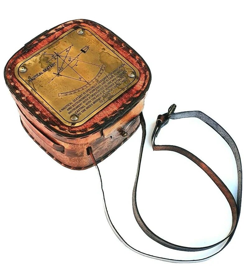 Vintage Maritime Brass Nautical Sextant Leather Case Kelvin Hughes London 1917 Genuine Leather Box With Solid Brass nautical Sextant - Retro Handicrafts
