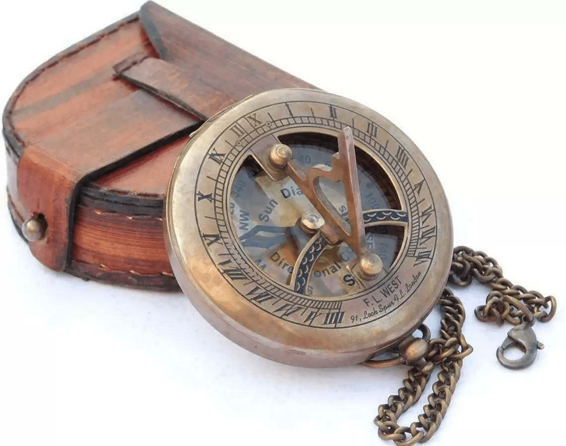 Vintage Maritime Pocket Sundial Brass Compass with Leather Case - Retro Handicrafts