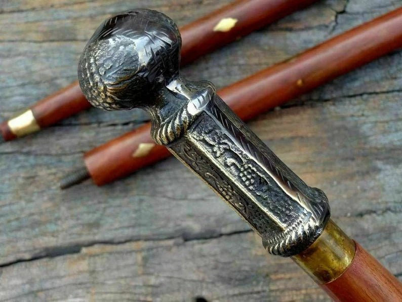 Vintage nautical pillar handle wooden cane walking stick with solid brass and wood materials