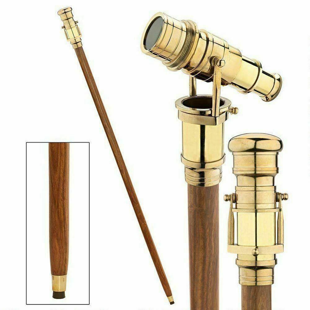Vintage Nautical Wooden Walking Stick Cane with Brass Hidden Telescope Handle - Retro Handicrafts