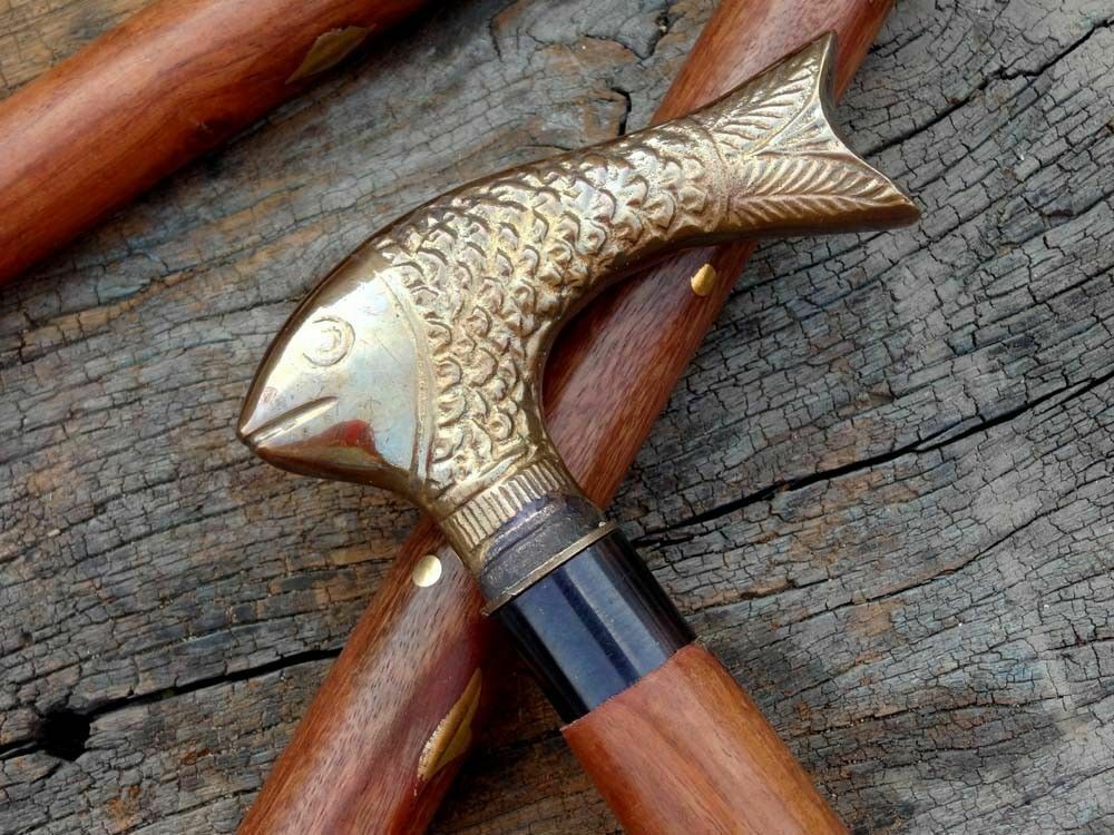 Walking Cane Nautical Brass Fish Handle Wooden Stick Decorate Gift For Him/her - Retro Handicrafts