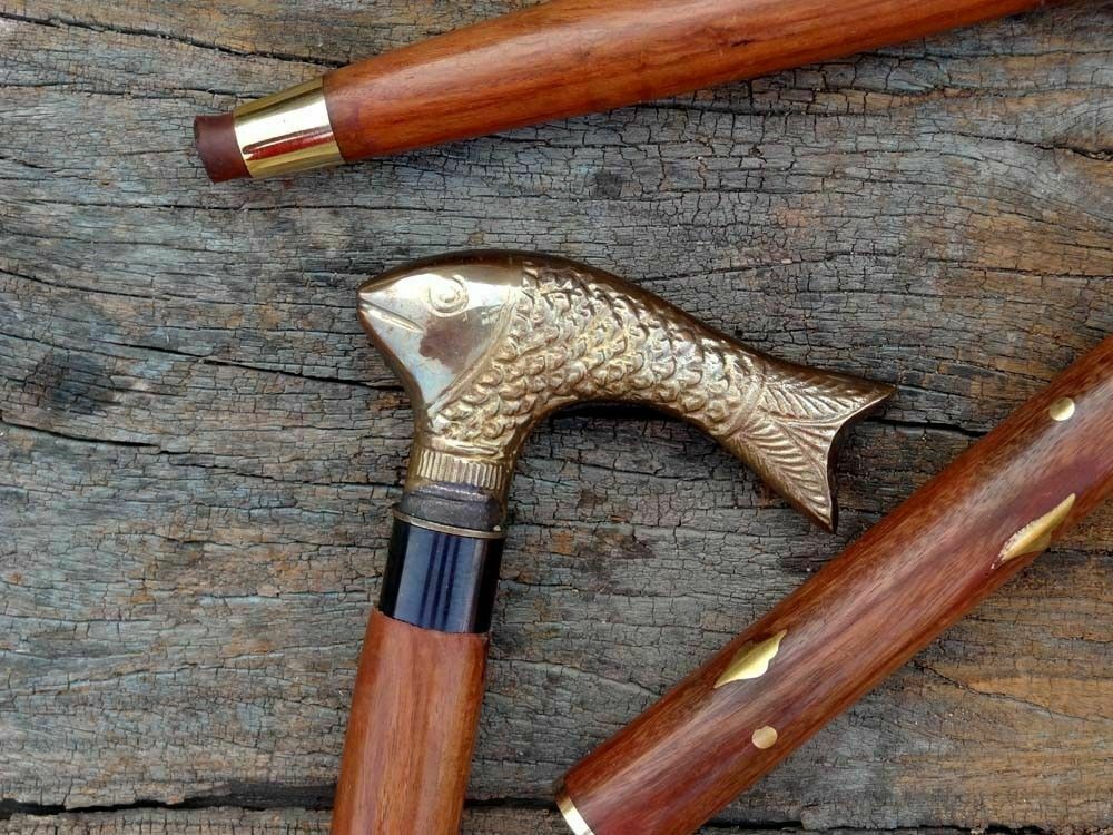 Walking Cane Nautical Brass Fish Handle Wooden Stick Decorate Gift For Him/her - Retro Handicrafts