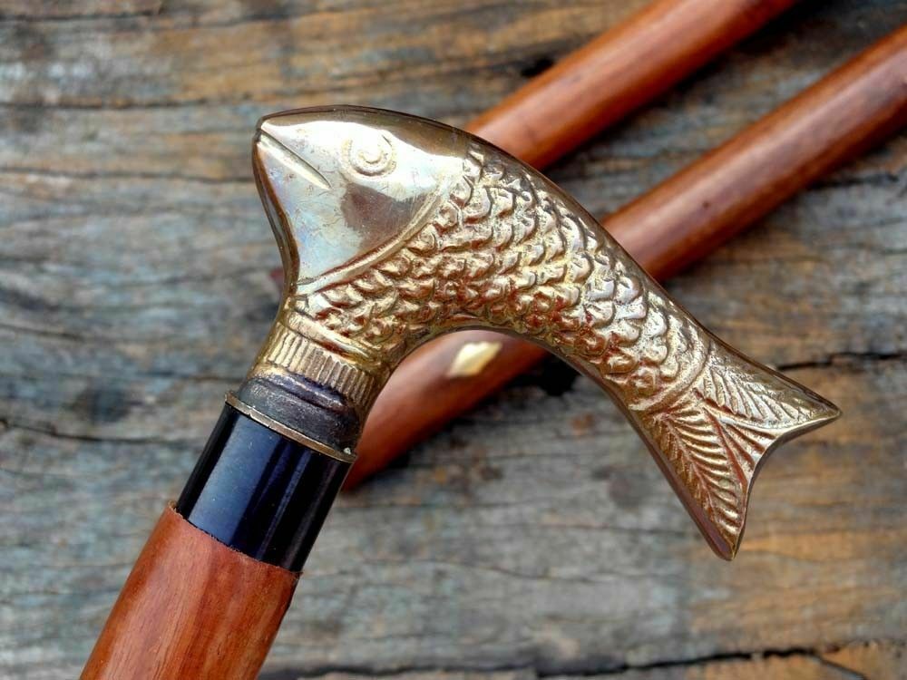 Walking Cane Nautical Brass Fish Handle Wooden Stick Decorate Gift For Him/her - Retro Handicrafts