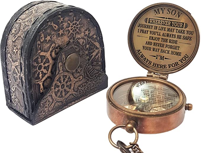 Indian rosewood storage case with engraved brass compass, ideal gift for son on special occasions.