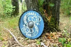 Viking LARP participants with the Blue Medieval Viking 24-inch shield, ready for battle in a reenactment event.