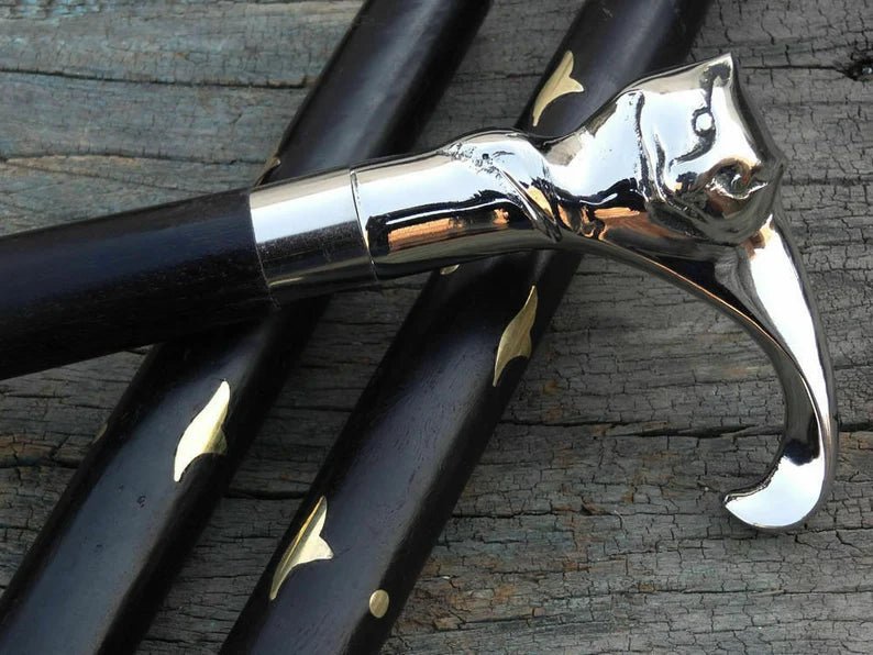 Wooden Walking Stick with Cat Style Brass Handle, Comfortable Grip