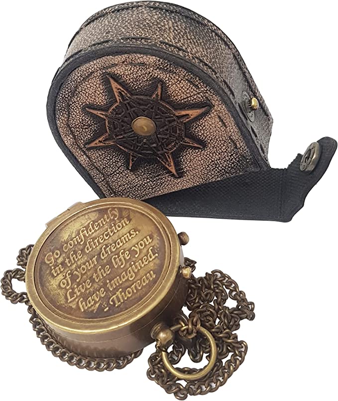 Working brass compass housed in a premium stamped leather case, ideal for everyday use and display.
