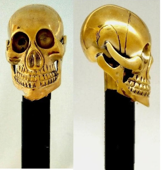 Skull Head Brass Handle Wooden Walking Cane