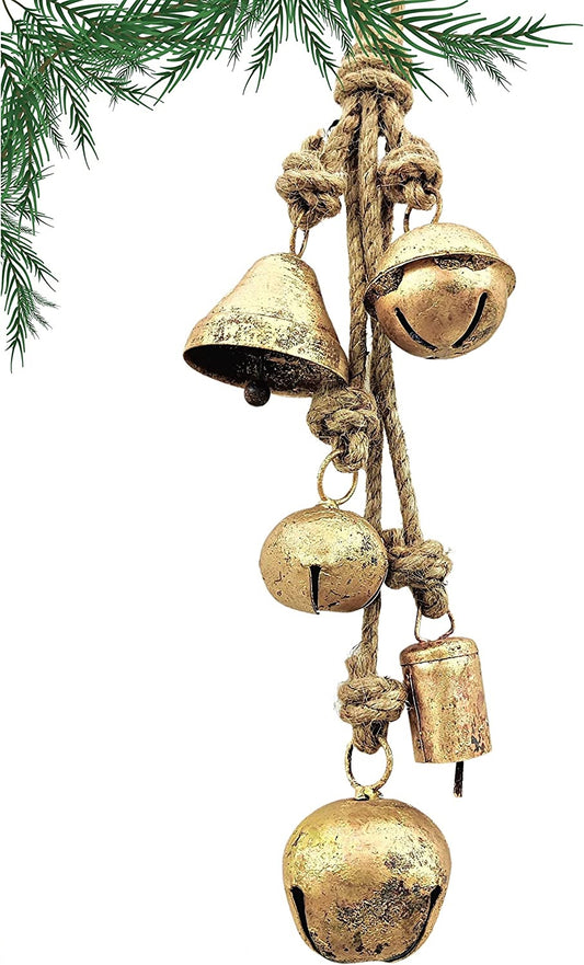 Set of 5 Rustic Harmony Jingle Bells Cluster Vintage Handmade Lucky Christmas Hanging Mix Décor Bells On Rope
