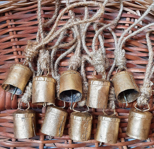 4cm Small Vintage Rustic Lucky Tin Metal Cow Bells Handmade Christmas Décor Bells on Jute Rope (10, Cylinder)