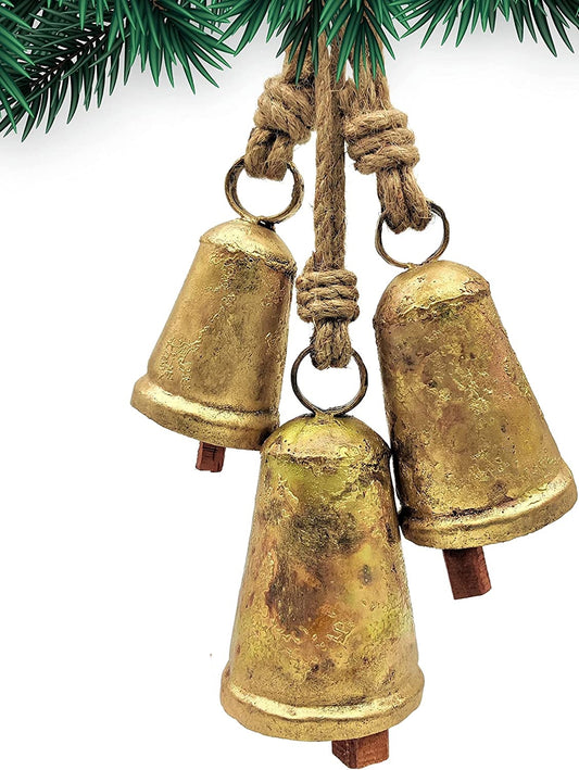 Set of 3 Giant Harmony Cow Bells Huge Vintage Handmade Rustic Lucky Christmas Hanging Cone Bells (Large)
