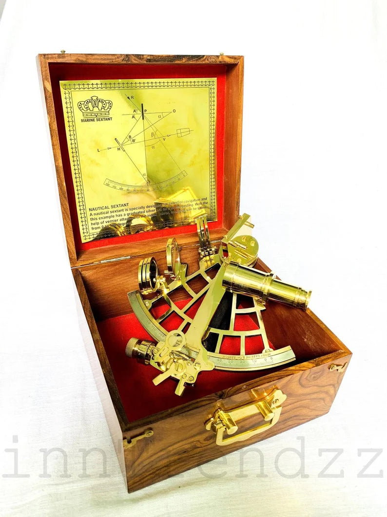 Nautical brass marine vintage style 9" ship sextant astrolabe instruments with wooden box