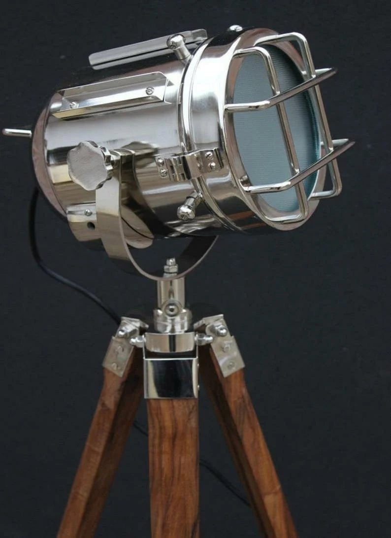 Hollywood designer floor light with black tripod stand antique spotlight