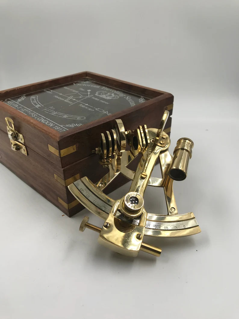 Nautical Brass 5" Sextant With Beautiful Designer Wooden Box