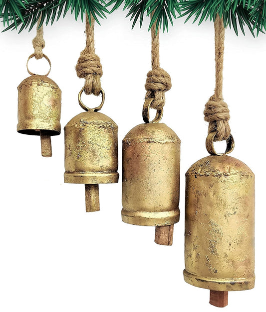 Set of 4 Harmony Cow Bells Vintage Handmade Rustic Lucky Christmas Hanging Décor Bells On Rope