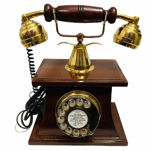 Decor Antique Rotary Old Style Brass Telephone With Wooden Base Beautiful
