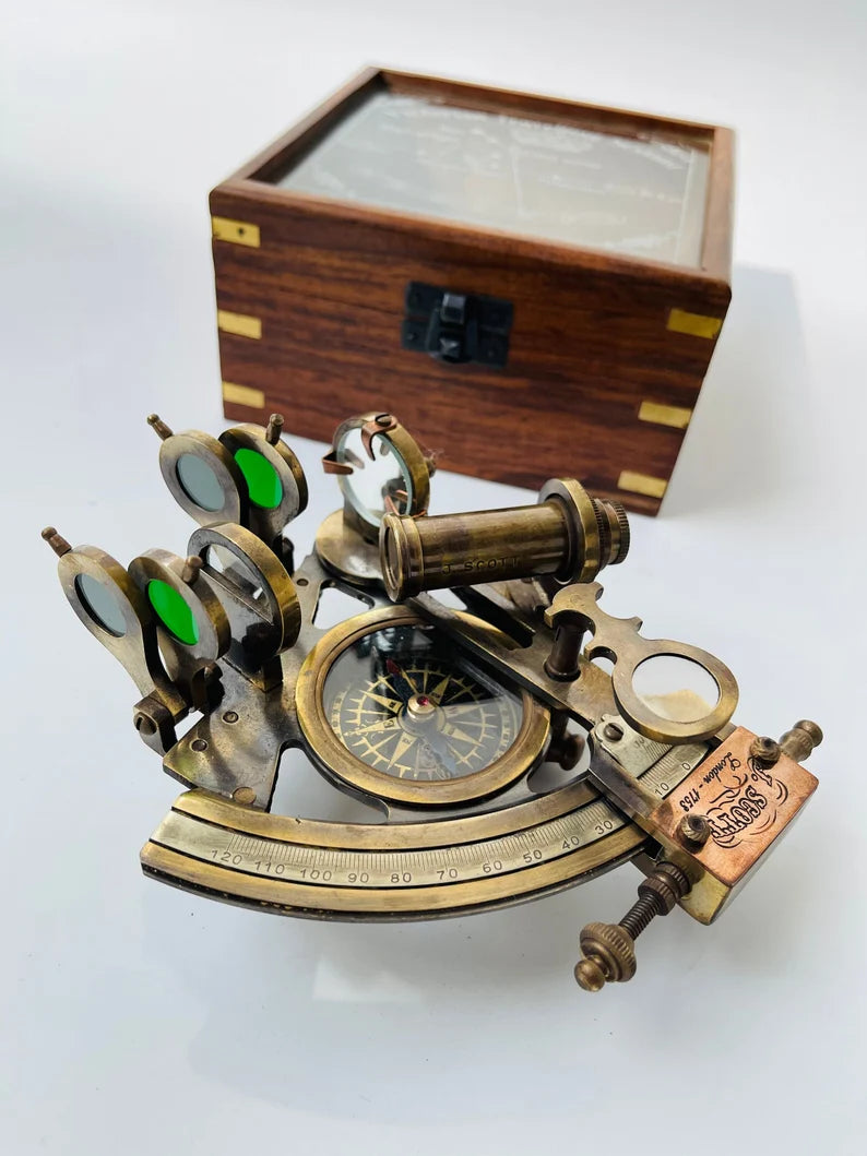 Nautical Hand-made Brass Sextant With Inbuilt Compass In Wooden box - Marine Astrolabe Model Sextant