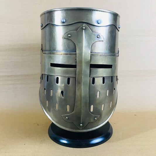 Brass Antique Design Medieval Knight Armor Crusader Templar Helmet Helm Mason's Brass Cross Free Wooden Stand