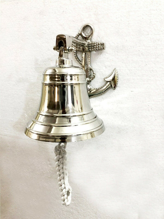 Silver Nickel 5" Solid Brass Anchor Ship Bell Ring Home Kitchen Wall Décor Bell