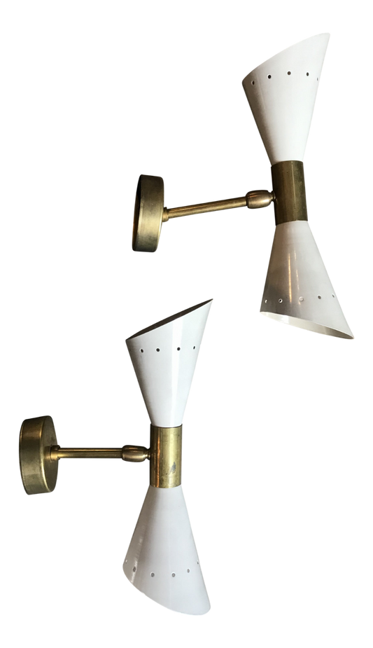 1960 's Italian Sconces in Brass Stilnovo Lamps Ceiling Wall Fixture Light White