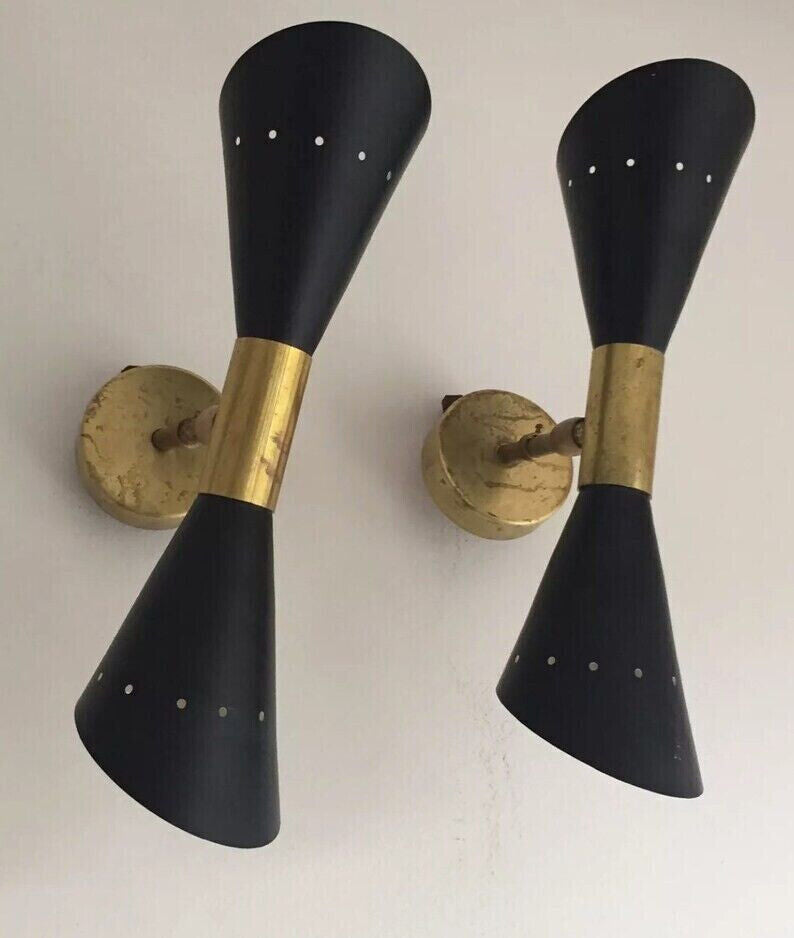 Pair of Stilnovo Style Diabolo Model Brass Black Italian Sconces Wall Light Lamp