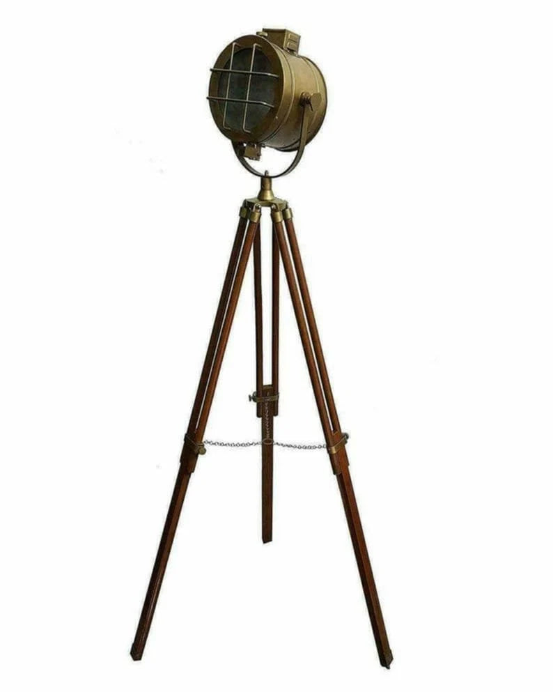 Hollywood designer floor light with black tripod stand antique spotlight