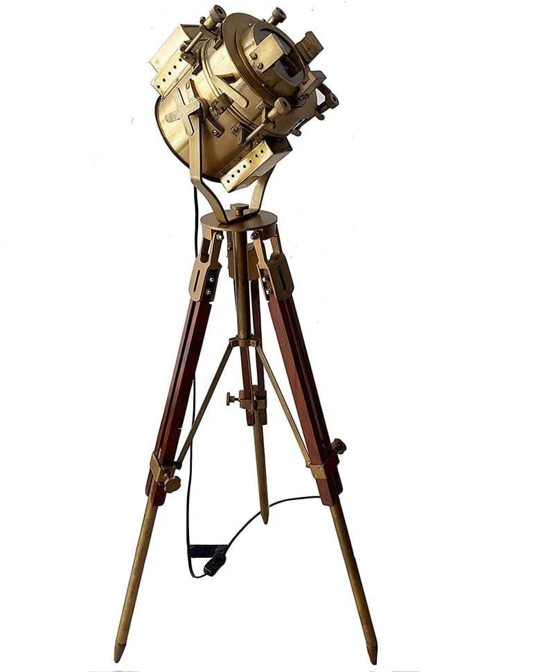 Hollywood designer floor light with black tripod stand antique spotlight