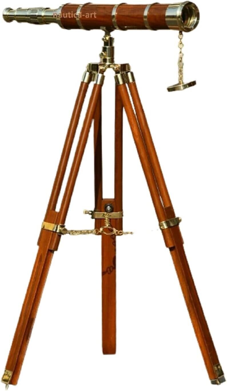 18 Inch Telescope With Wooden Tripod Vintage Brass Spyglass