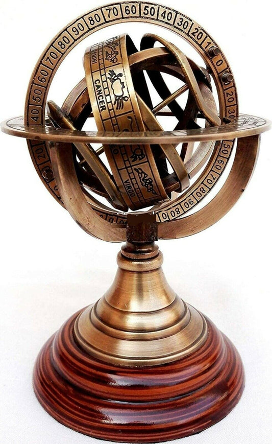Brass Armillary Sphere Astrolabe On Wooden Base Maritime Nautical & Collectible