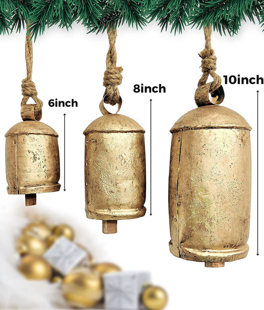 Set of 3 Giant Harmony Cow Bells Huge Vintage Handmade Rustic Lucky Christmas Hanging XL Bells On Rope