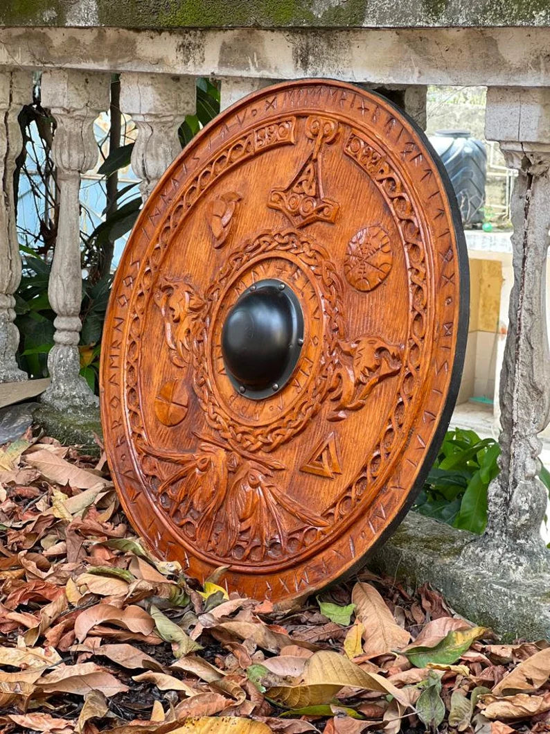 Viking Round Dragon Shield, 24 Inch Knight Battle Medieval Warrior Ship Armor Wooden Shield Best Wall Décor Gifts