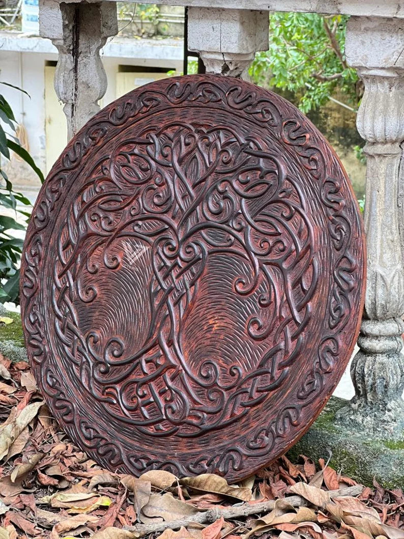 Viking Round Carving Shield, 24 Inch Knight Battle Medieval Warrior Ship Armor Wooden Shield Best Wall Décor Gifts