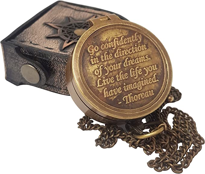 Brass Compass Engraved with Thoreau's Go Confidently Quote and Stamped Leather Case, Boys Gifts