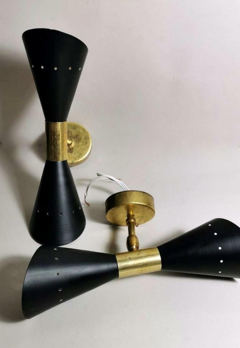 Pair of Stilnovo Style Diabolo Model Brass Italian Sconces Wall Light Lamp Black