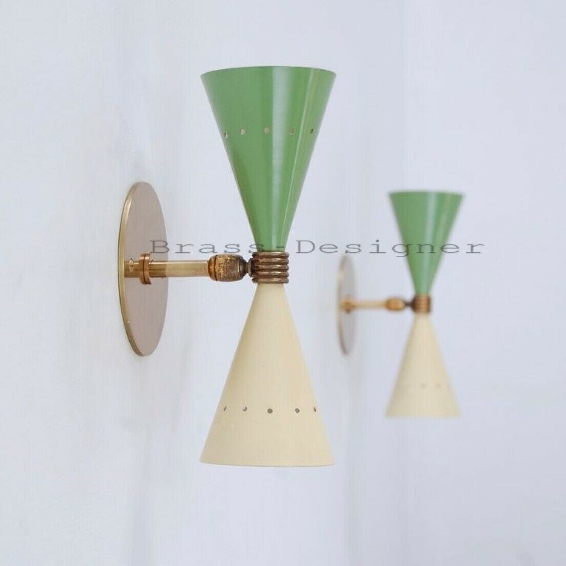 Mid Century Brass Vintage Green Wall lamp Diabolo Italian Cone Stilnovo Sputnik