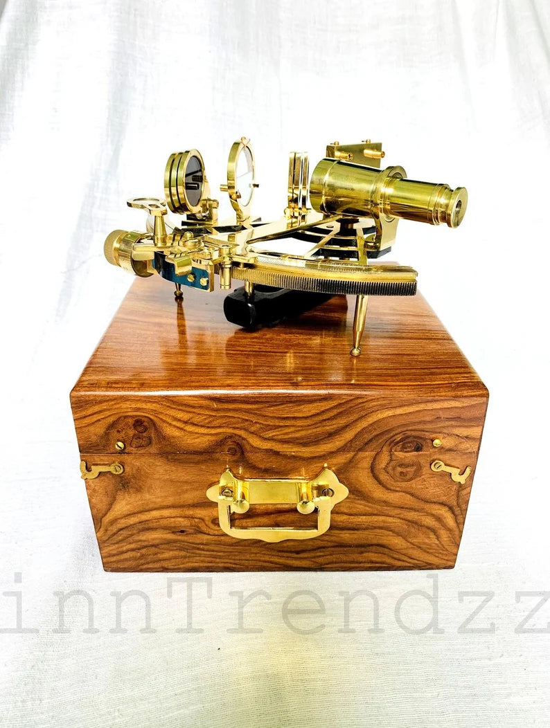 Nautical brass marine vintage style 9" ship sextant astrolabe instruments with wooden box