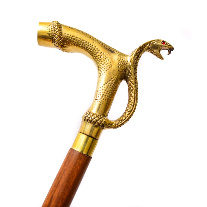 Victorian Brass Finish Snake Handle Rosewood Handcrafted Walking Stick