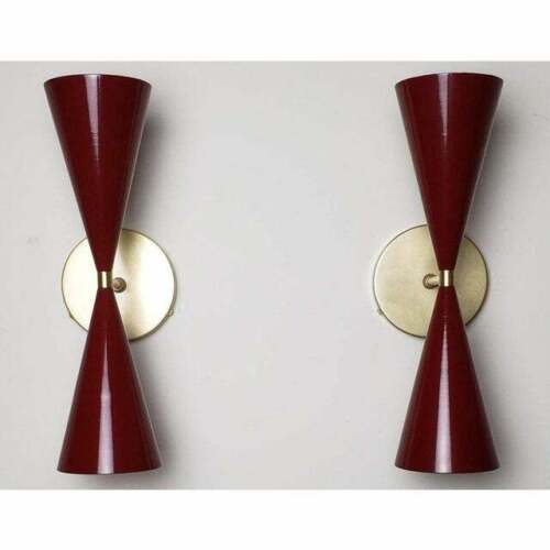 Pair of Tuxedo Wall Sconce Red Enamel Mid Century Lamps Lighting Wall Fixtures