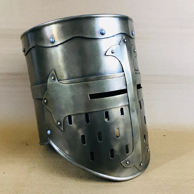 Brass Antique Design Medieval Knight Armor Crusader Templar Helmet Helm Mason's Brass Cross Free Wooden Stand