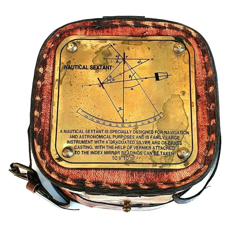 Vintage Maritime Brass Nautical Sextant Leather Case Kelvin Hughes London 1917 Genuine Leather Box With Solid Brass nautical Sextant