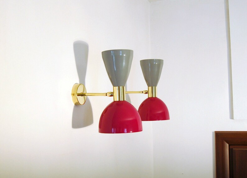 Italian Diablo Wall Lights, Stilnovo Style - Wall Sconce - Wall Light - Brass Fixture Wall Lamp - Metal and Brass - GRAY / RED Color