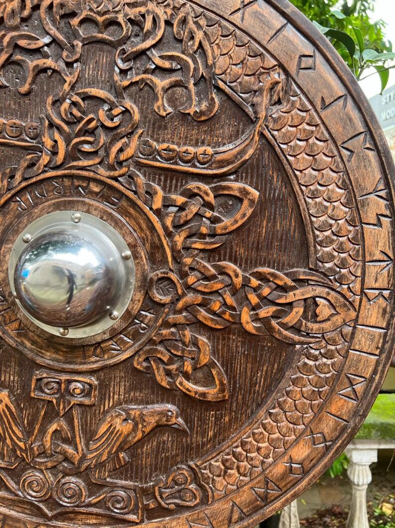 Viking Round Dragon Shield - Hand-Carved Wooden Shield - Norse Inspired Decor