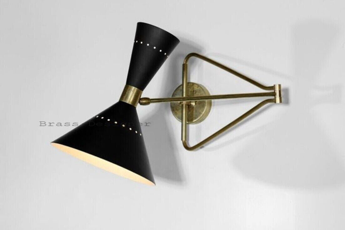1950 Italian Brass Black Wall Lamp: Diabolo Cone, Stilnovo Sputnik Light, Swing Arm