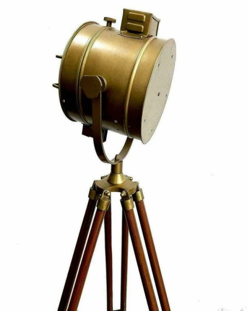 Hollywood designer floor light with black tripod stand antique spotlight