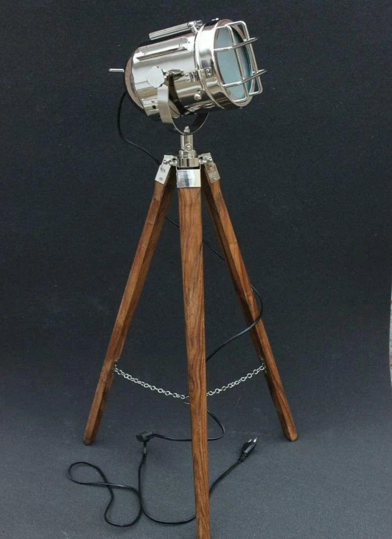 Hollywood designer floor light with black tripod stand antique spotlight