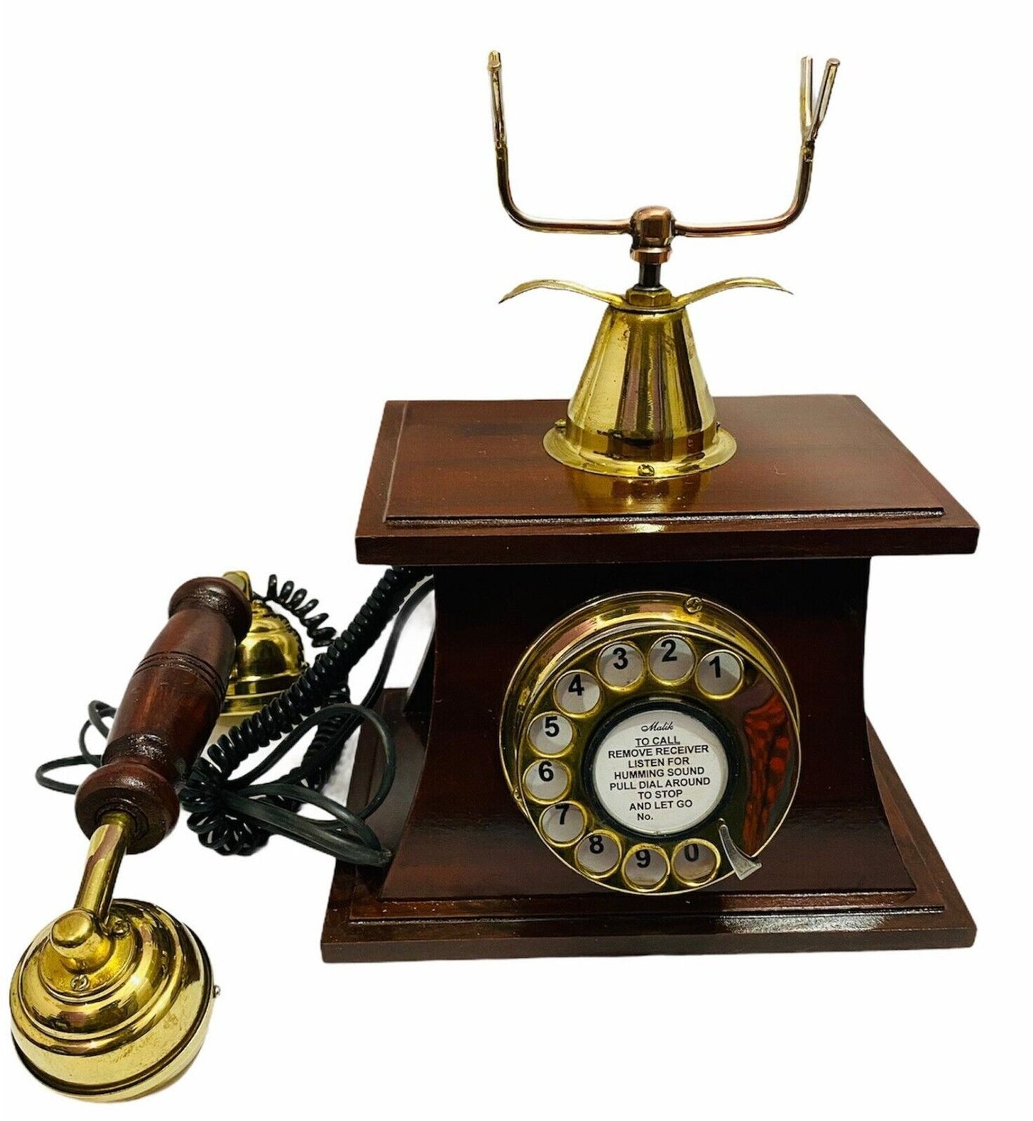 Decor Antique Rotary Old Style Brass Telephone With Wooden Base Beautiful