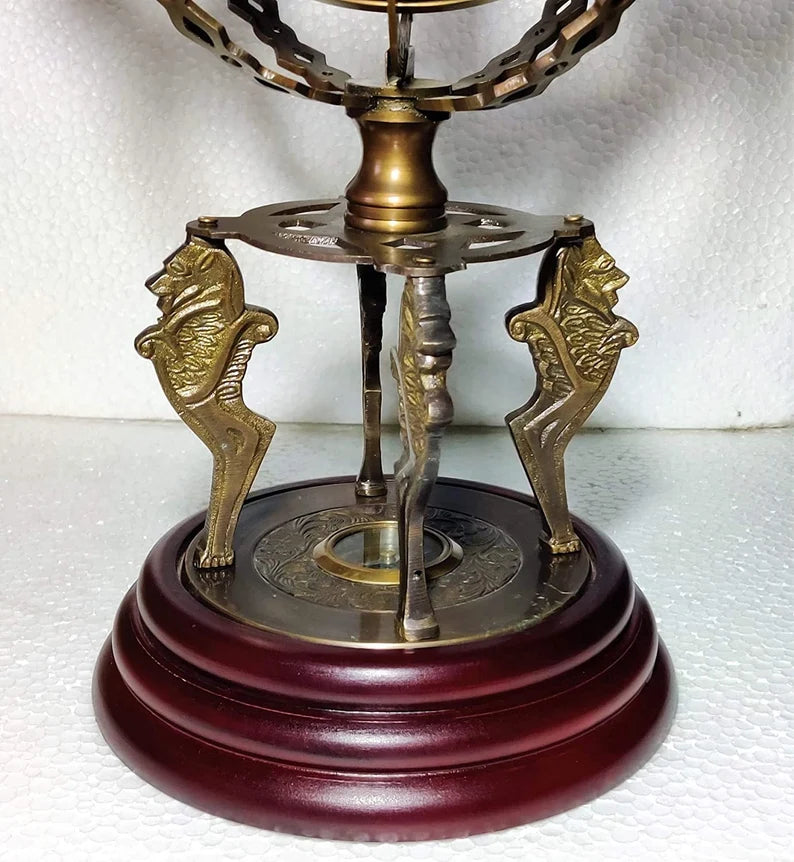 Antique Brass 18" Armillary Globe Sphere with Compass on Wooden Base - Home & Office Decor Gift